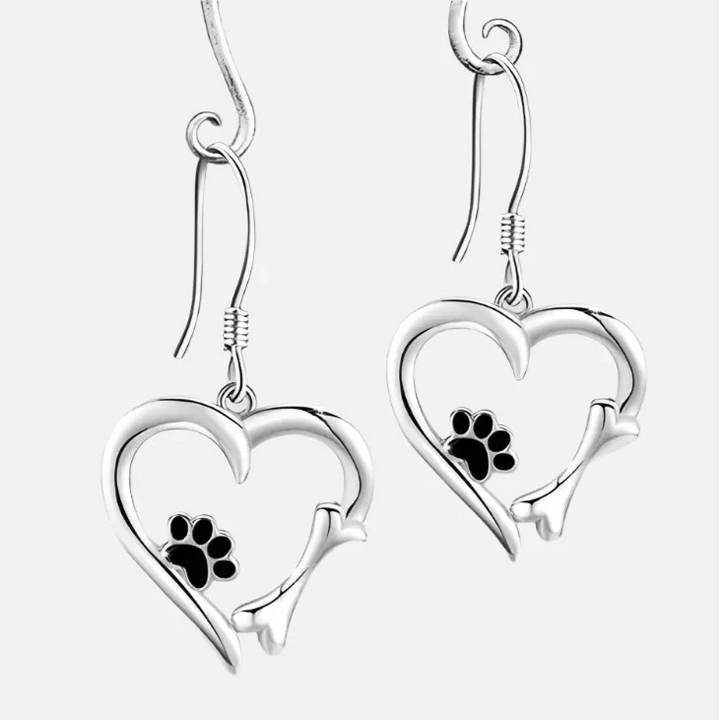 Orecchini a Pendente color argento con Design a Cuore e Zampa