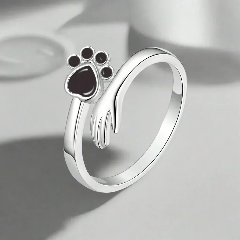 Anello Regolabile color argento – Design con Impronta di Mano e Zampa