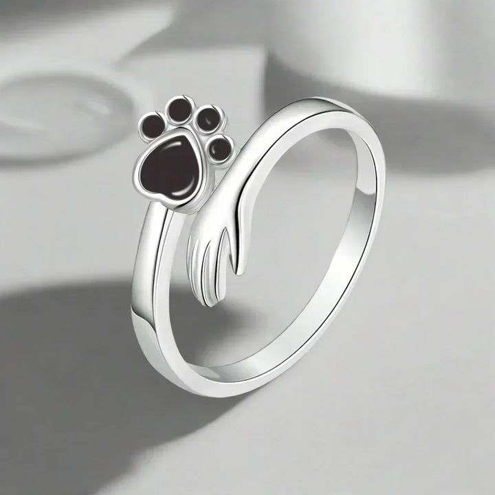 Anello Regolabile color argento – Design con Impronta di Mano e Zampa