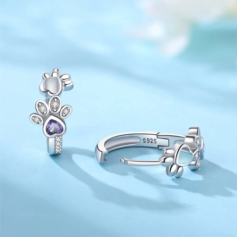 Orecchini Paw Huggie color argento – Con Zirconia e Gemma a Forma di Cuore
