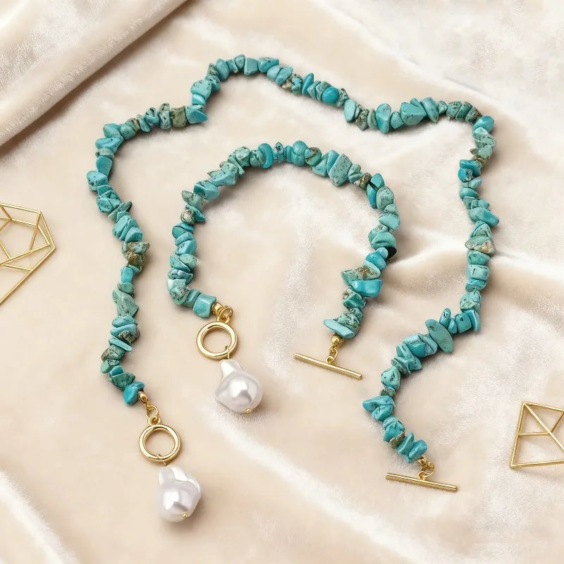 Collana con Chiusura a Toggle in Turchese e Perla Barocca