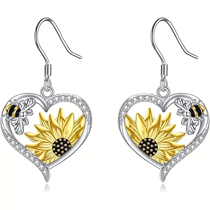 Orecchini Pendenti Vintage Boho a Cuore con Girasole e Ape