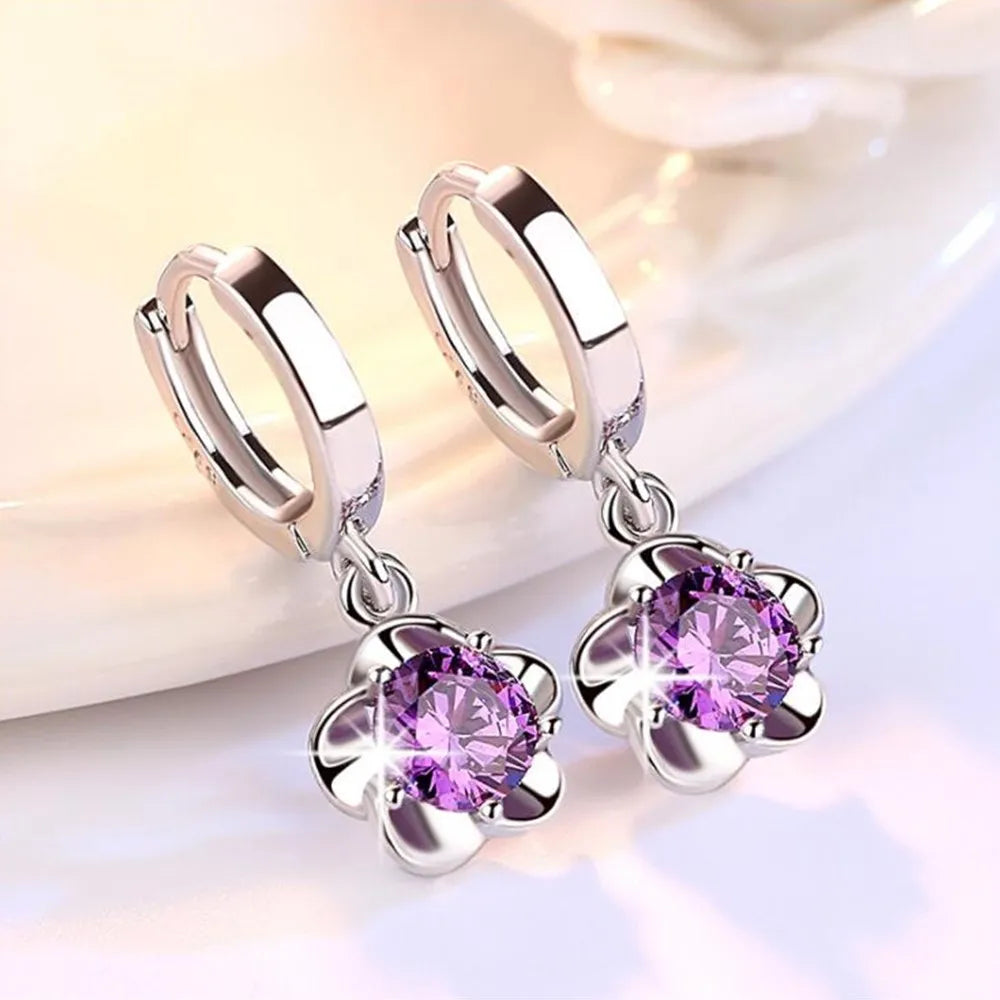 Orecchini color argento con Zirconi Viola e Bianchi