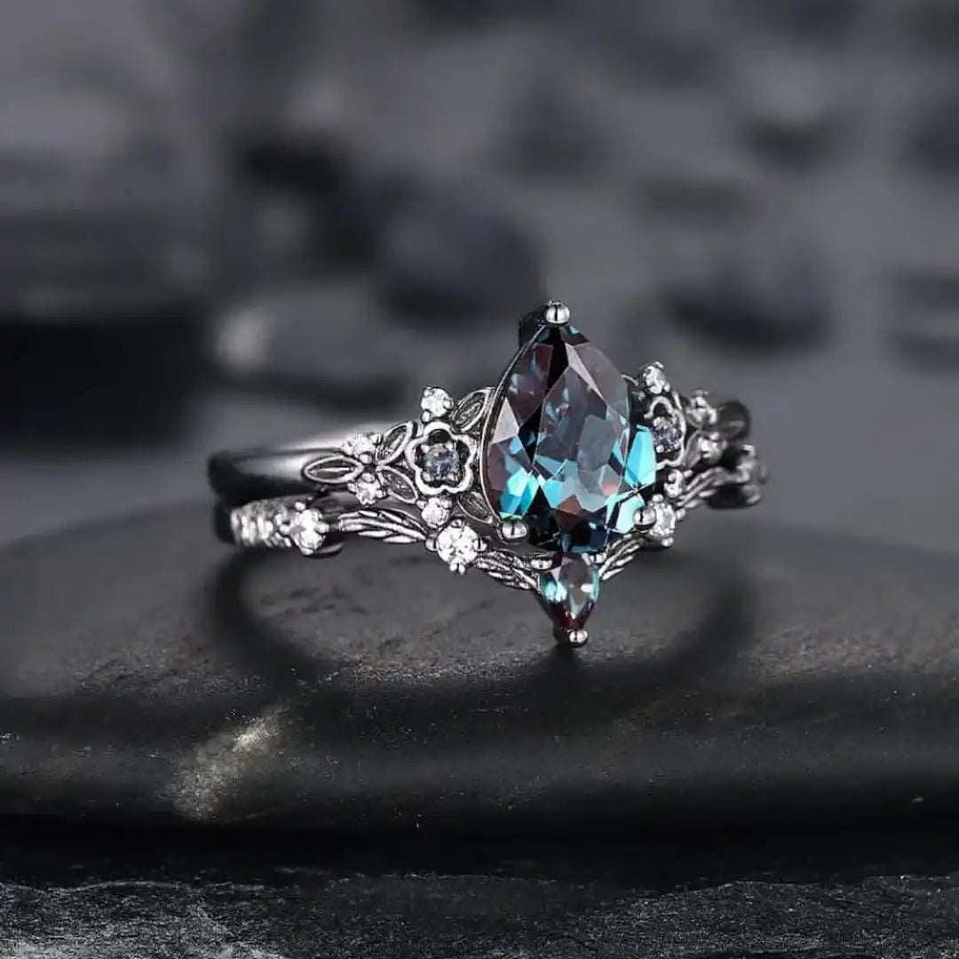 Set di Anelli in Zirconia Pietra Blu Nero Opaco