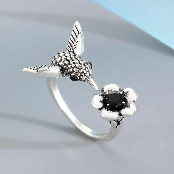 Anello Colibrì e Fiore – Anello Aperto Regolabile per Donne