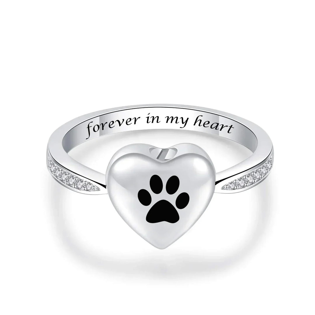 Anello Urna a Stampa di Zampa con Cuore – Gioielli in Memoria per Animali Domestici