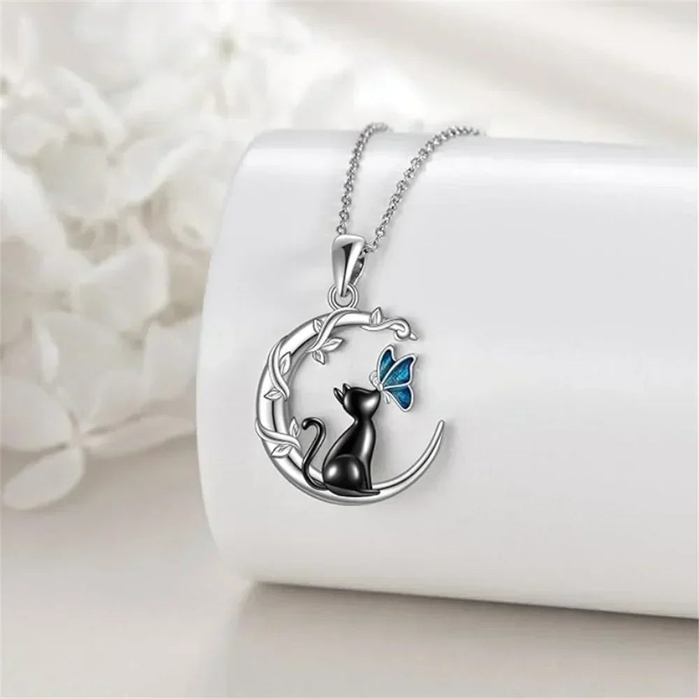 Collana con Pendente in Cristallo a Forma di Gatto Luna Farfalla