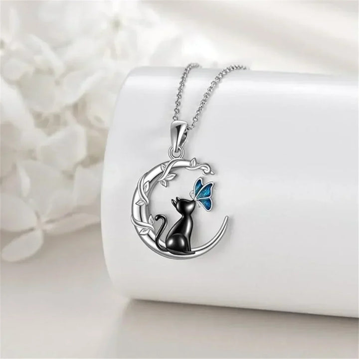 Collana con Pendente in Cristallo a Forma di Gatto Luna Farfalla