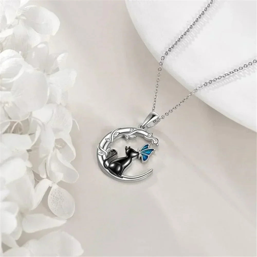 Collana con Pendente in Cristallo a Forma di Gatto Luna Farfalla