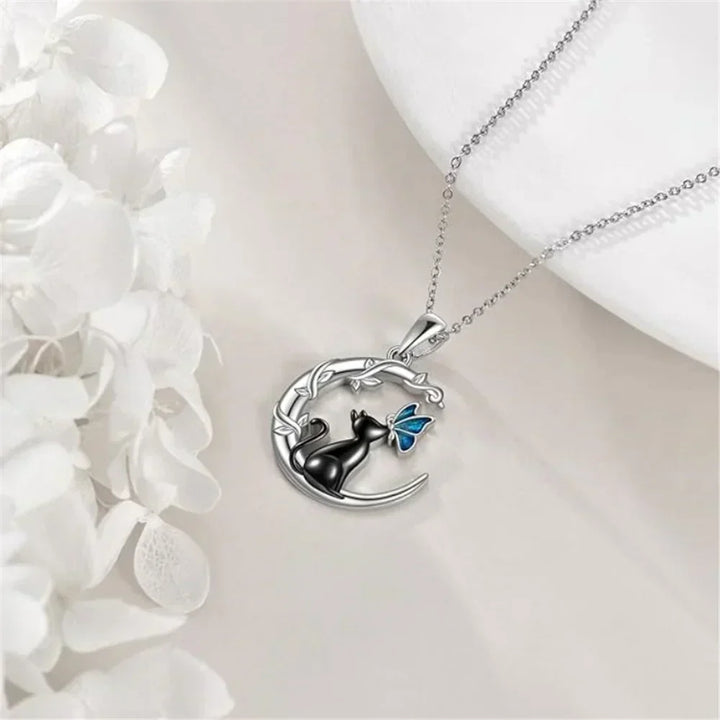 Collana con Pendente in Cristallo a Forma di Gatto Luna Farfalla