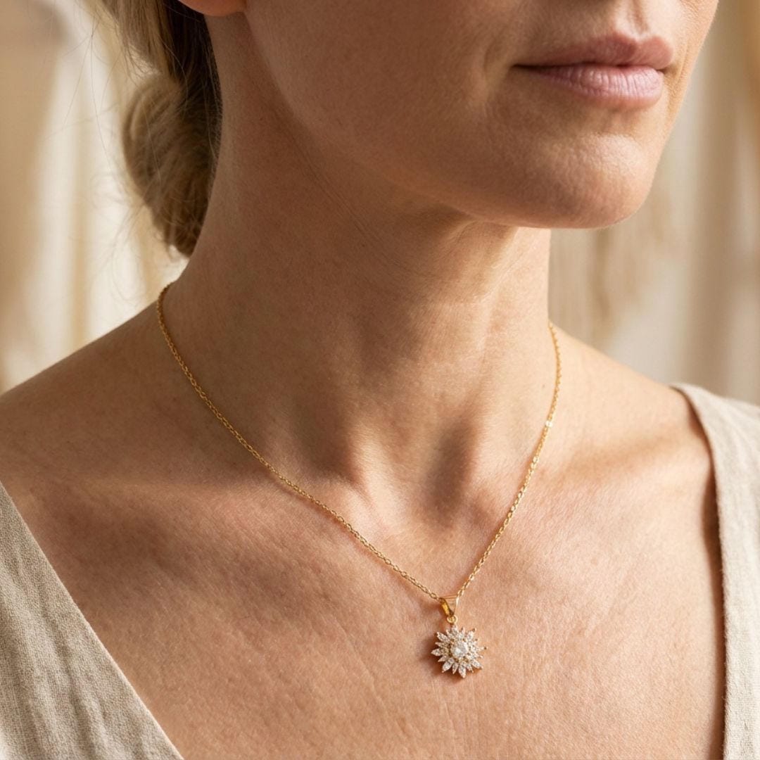 Set di collana e orecchini in zirconia color argento a forma di girasole