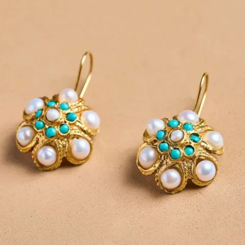 Orecchini Medaglione Vintage Turchese e Perla