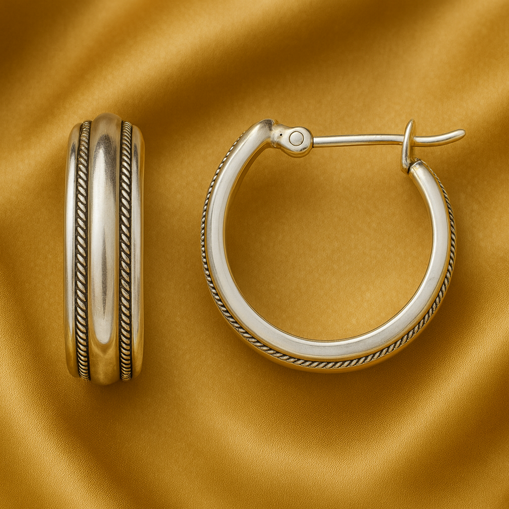 Orecchini a Cerchio color argento Vintage con Striscia Dorata