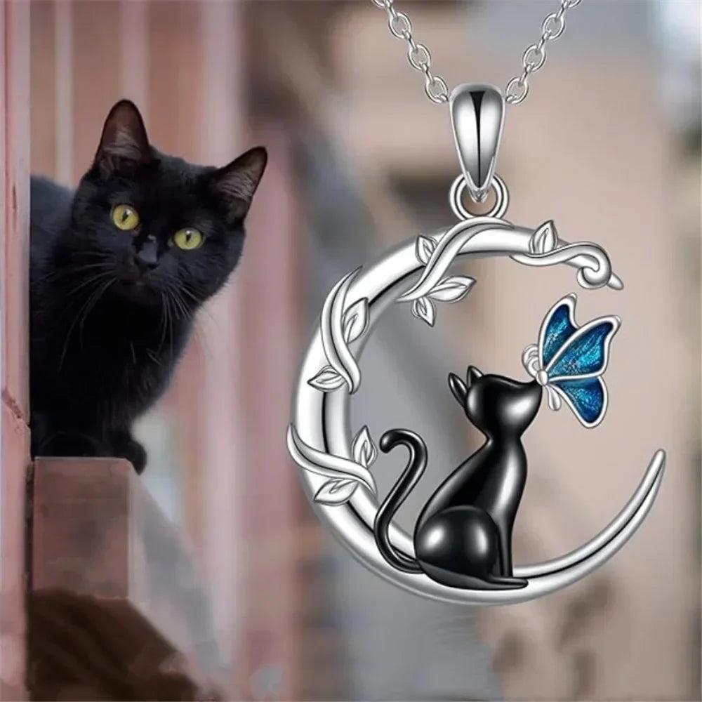 Collana con Pendente in Cristallo a Forma di Gatto Luna Farfalla