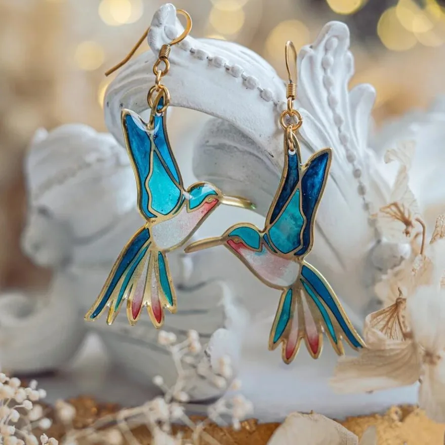 Orecchini in Smalto Blu con Colibrì Elegante