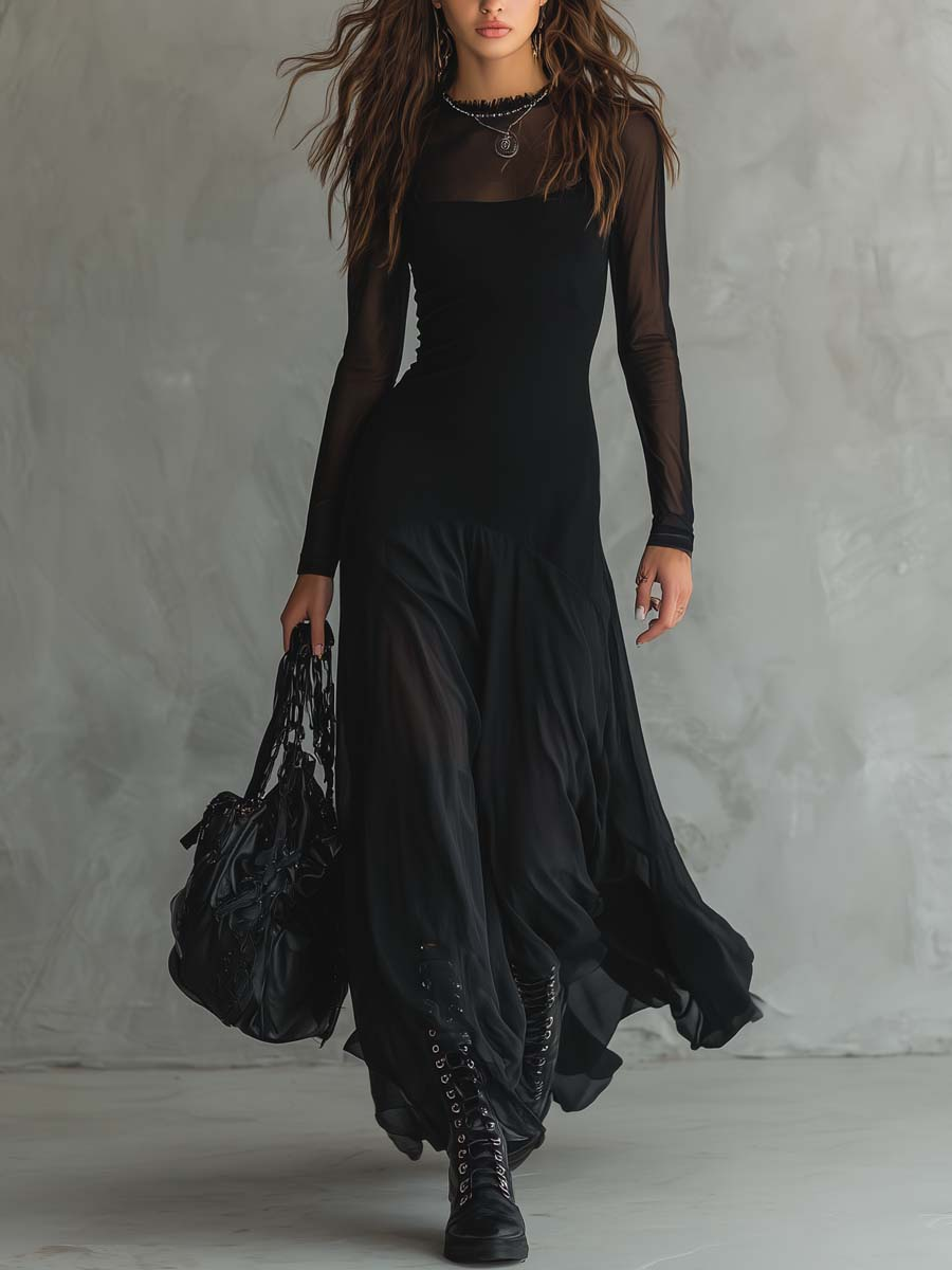 Abito Maxi in Tulle Nero a Vestibilità Larga