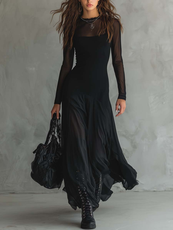 Abito Maxi in Tulle Nero a Vestibilità Larga