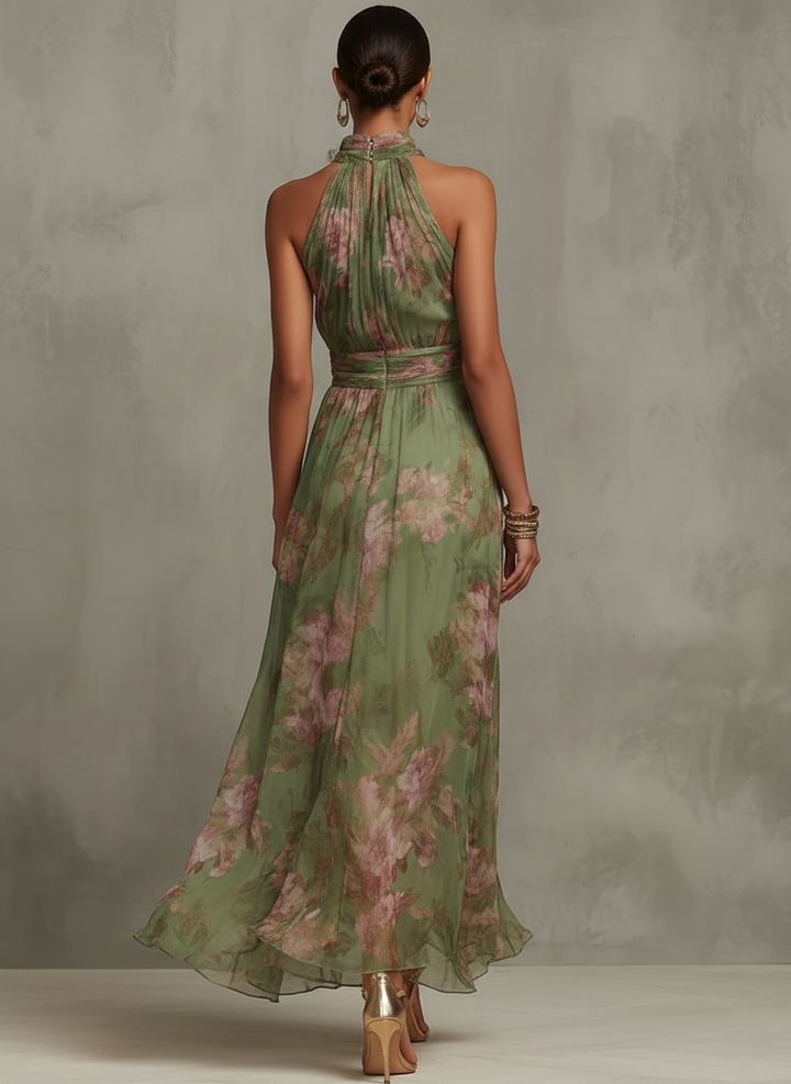 ESSENZIALE - Serena ∙ Maxi Abito in Chiffon Verde con Scollatura a Halter