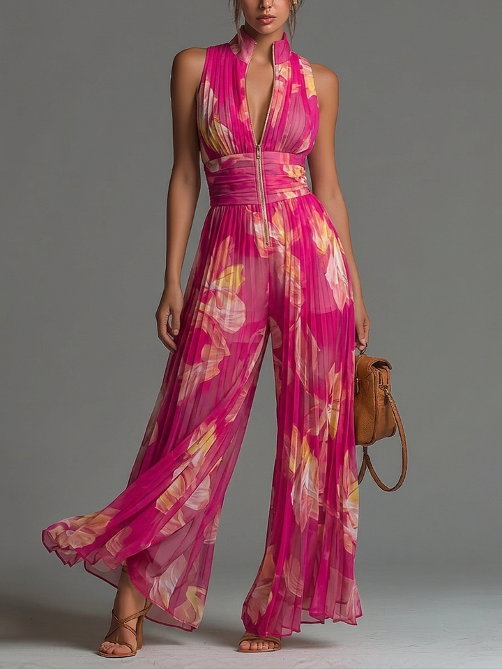 ESSENZIALE - Tuta Plissettata in Chiffon Floreale Fucsia