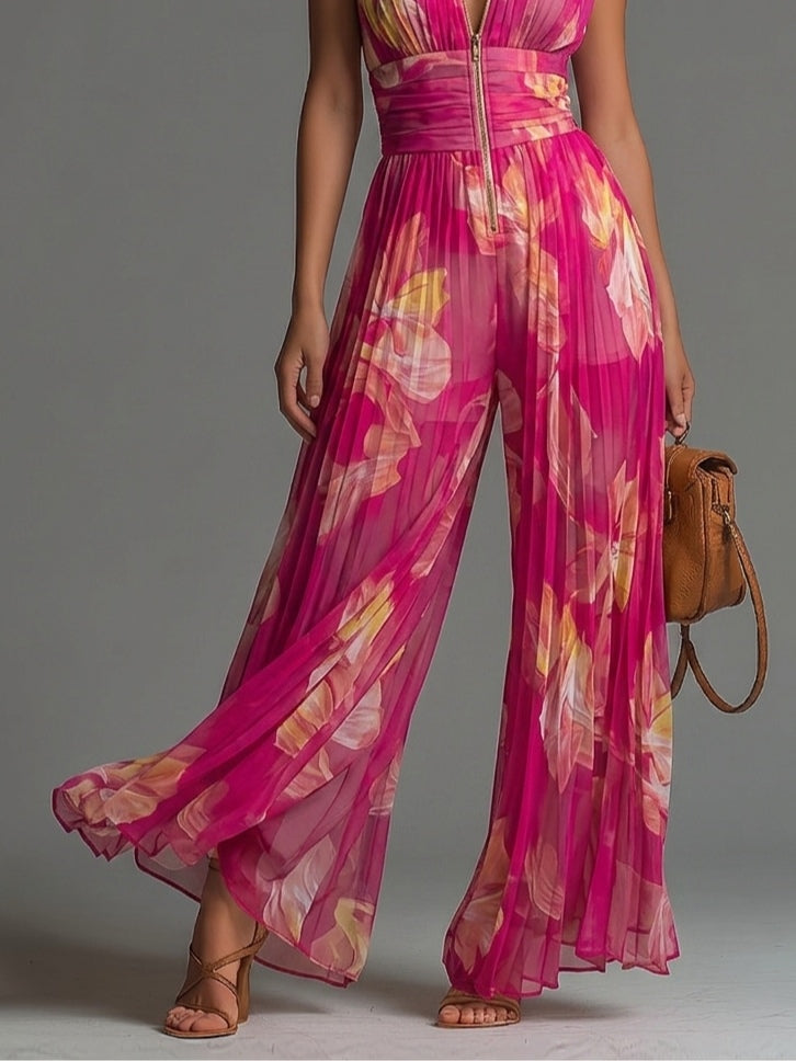 ESSENZIALE - Tuta Plissettata in Chiffon Floreale Fucsia