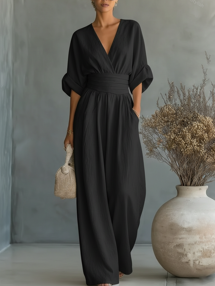 ESSENZIALE - Elegante Tuta Estiva a V con Vita Alta