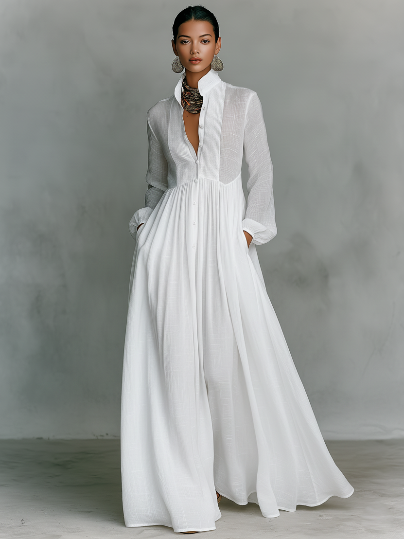 ESSENZIALE - Maxi Abito Minimalista in Cotone e Lino con Patchwork, Collo Alto e Maniche Lunghe