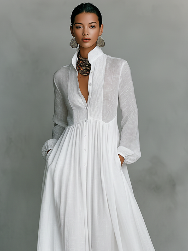 ESSENZIALE - Maxi Abito Minimalista in Cotone e Lino con Patchwork, Collo Alto e Maniche Lunghe