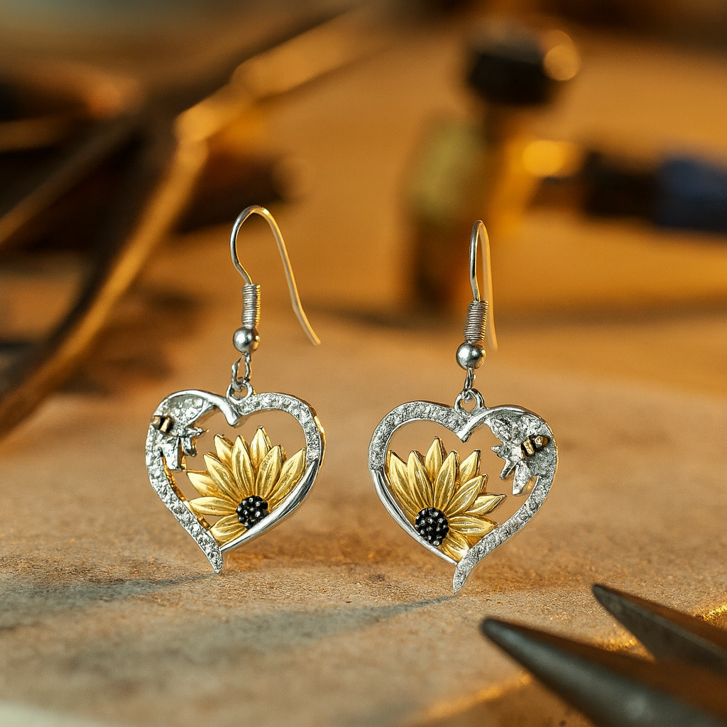 Orecchini Pendenti Vintage Boho a Cuore con Girasole e Ape