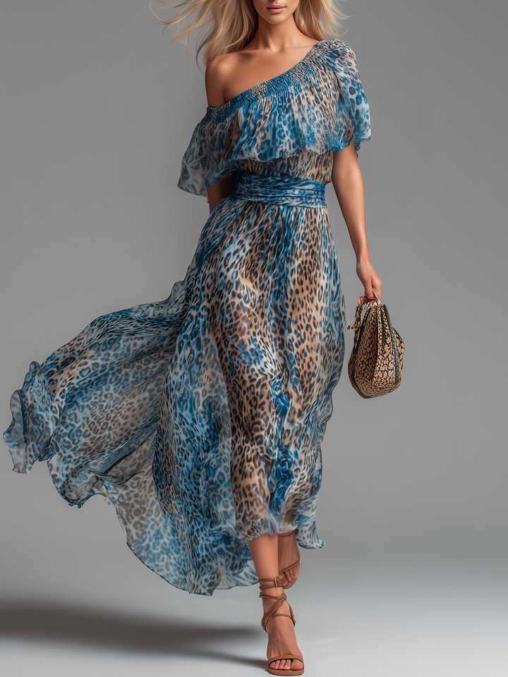 🔥 Selvaggia – Abito Maxi in Chiffon con Stampa Leopardo a Spalle Scoperte
