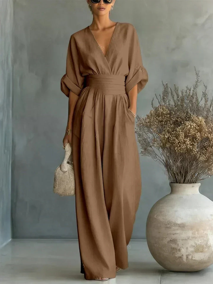 ESSENZIALE - Elegante Tuta Estiva a V con Vita Alta