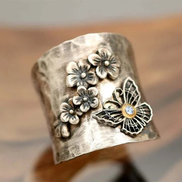 Anello a Fascia Larga con Ape, Fiore e Farfalla