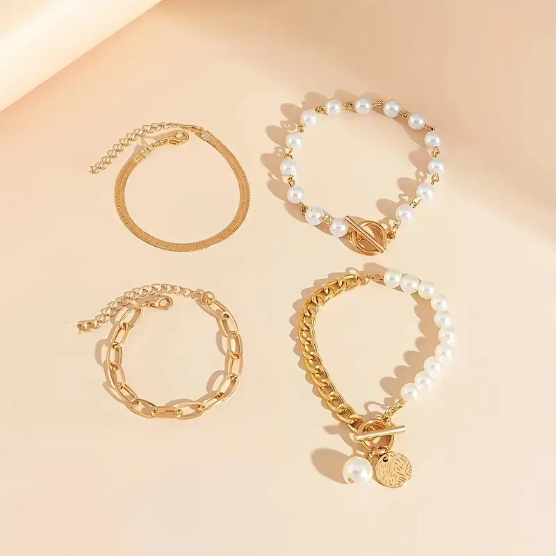 Set di Bracciali Chic in Oro 4 Pezzi - Serpente, Perle & Anelli | Oro