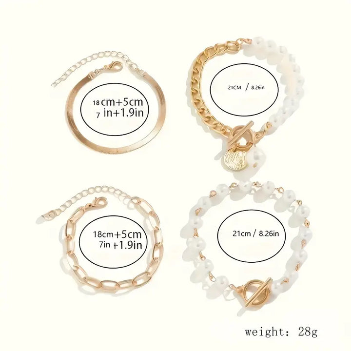 Set di Bracciali Chic in Oro 4 Pezzi - Serpente, Perle & Anelli | Oro