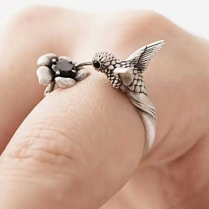 Anello Colibrì e Fiore – Anello Aperto Regolabile per Donne