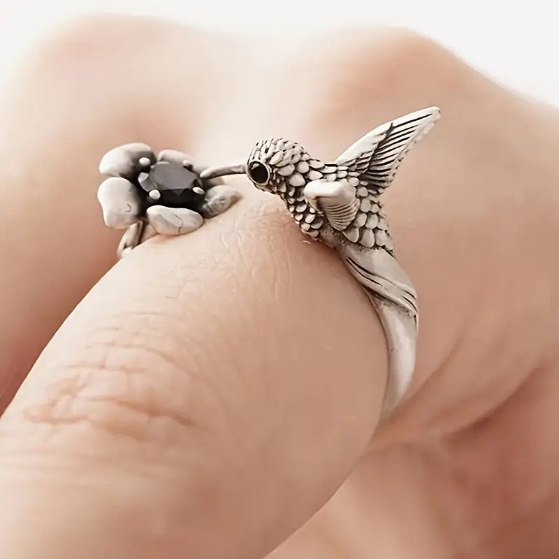 Anello Colibrì e Fiore (Regolabile)