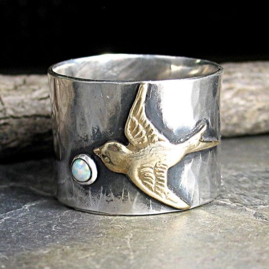 Anello color argento Vintage a Forma di Colibrì