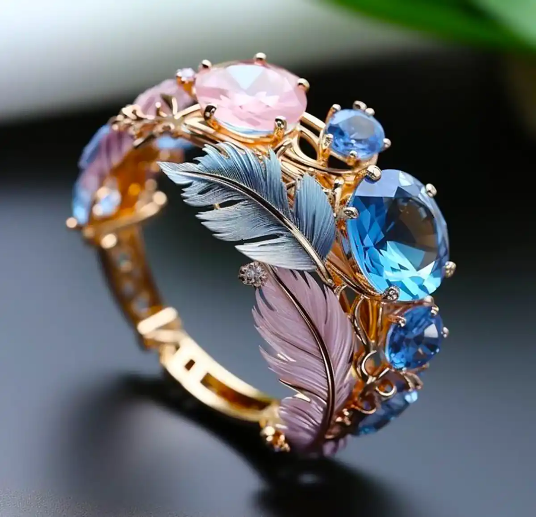 Anello Vintage con Cristallo e Piuma Esotica