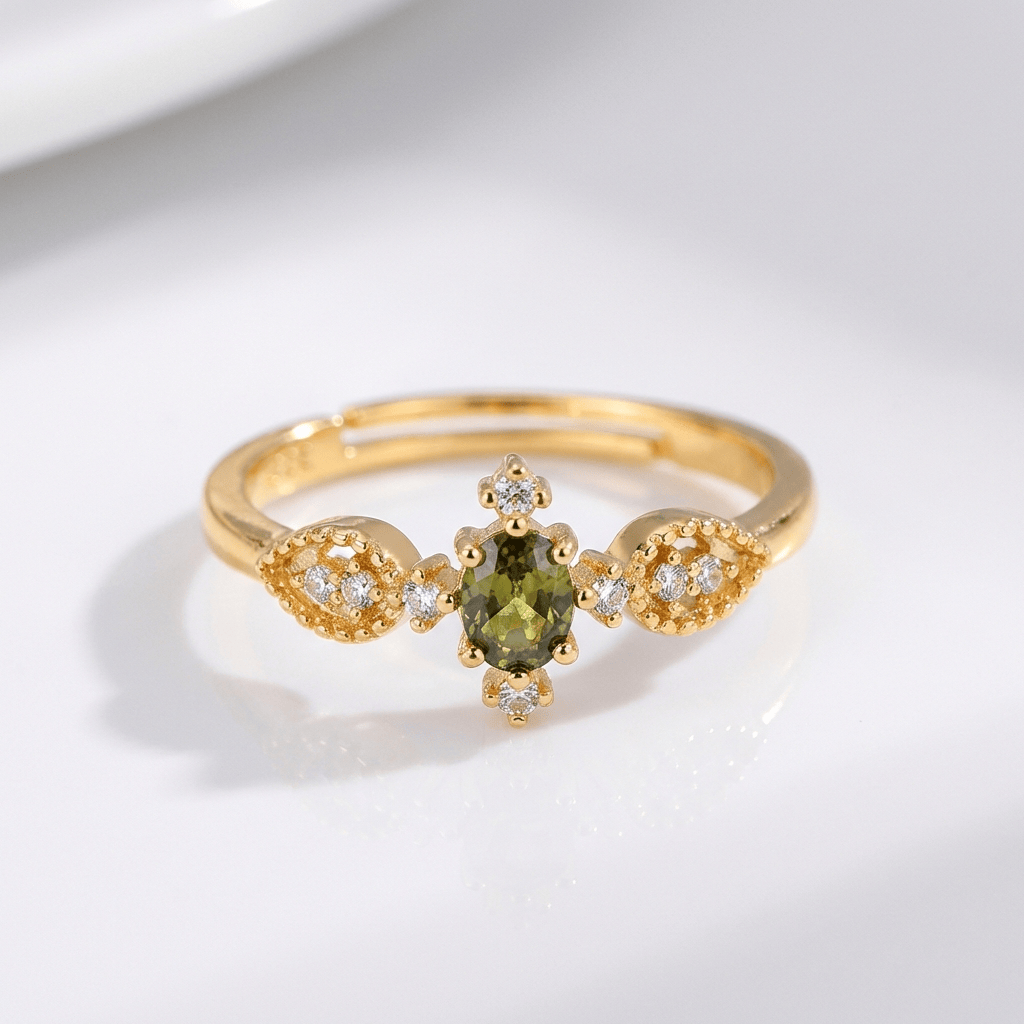 ANELLO D'ORO D'AFFETTO CON CRISTALLO VERDE OLIVA - (REGOLABILE)