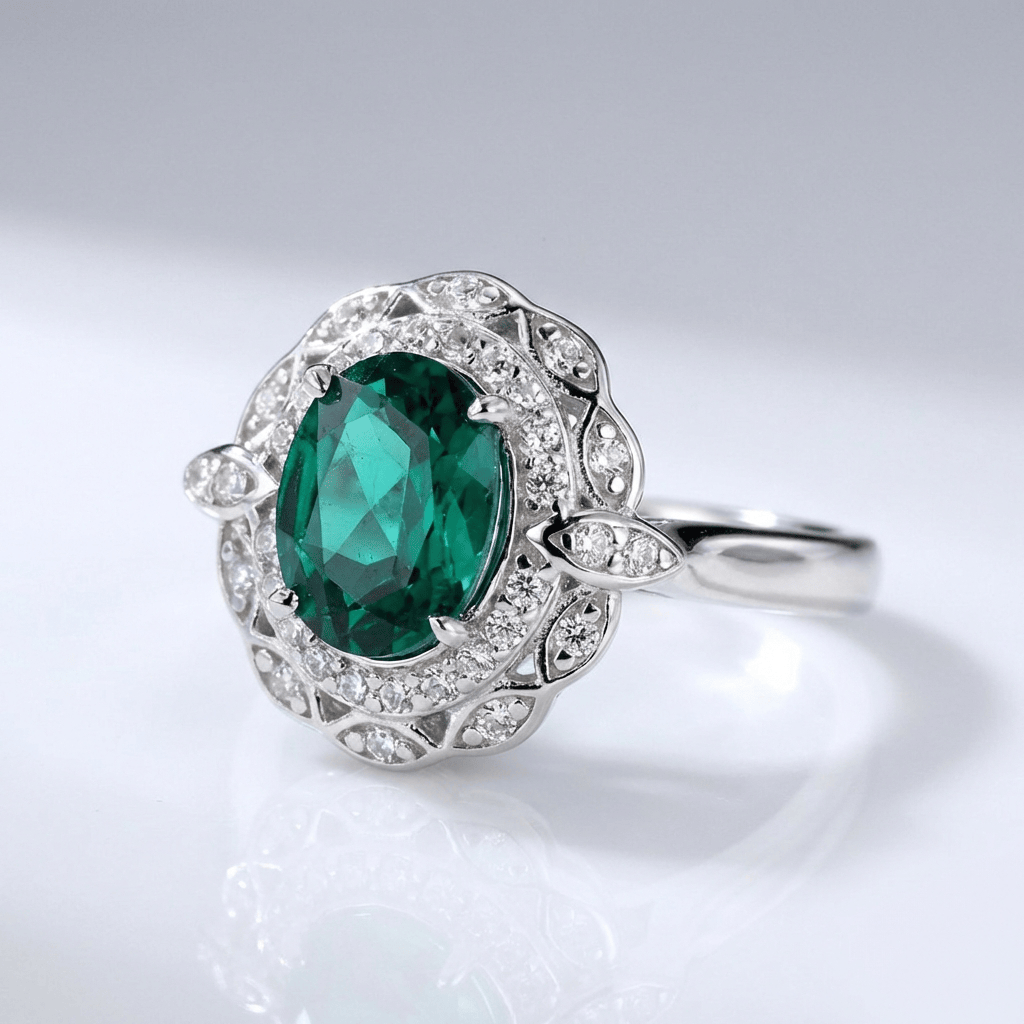 ANELLO FLORALE color argento VINTAGE CON EMERALDO - (REGOLABILE)