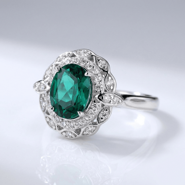 ANELLO FLORALE color argento VINTAGE CON EMERALDO - (REGOLABILE)