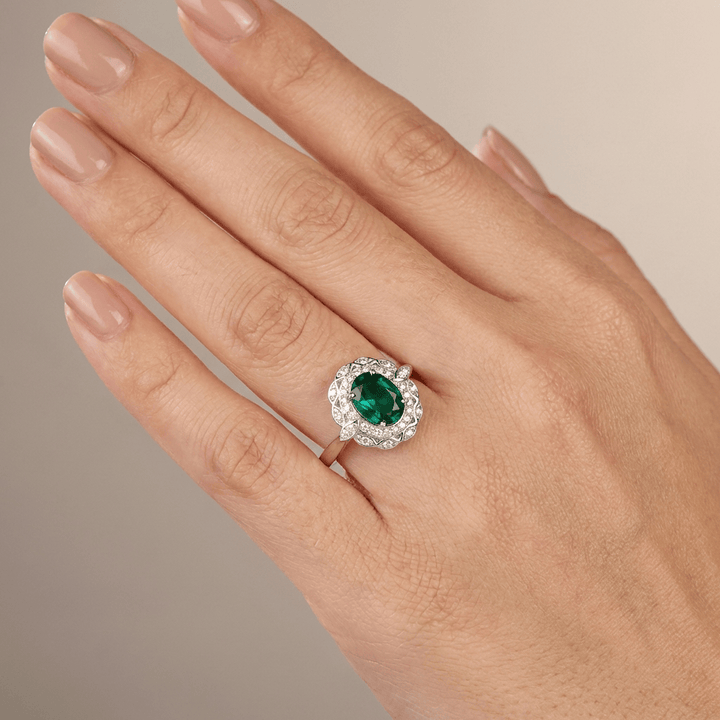 ANELLO FLORALE color argento VINTAGE CON EMERALDO - (REGOLABILE)