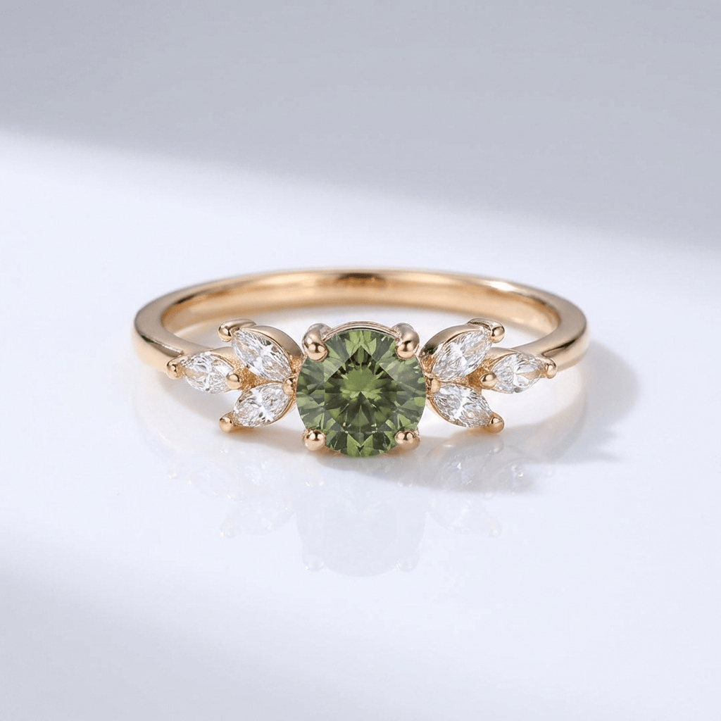ANELLO SOTTILE A FOGLIA color oro CON PERIDOTO VERDE