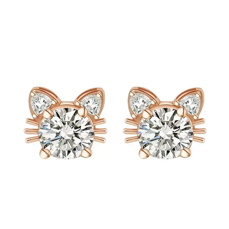 Orecchini a forma di gatto in Moissanite e oro rosa color argento