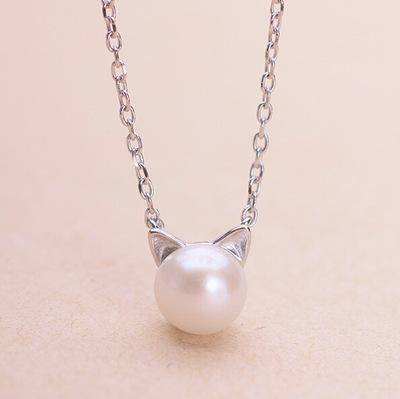 Bellissima Collana con Gatto di Perla con Orecchini e Anello Bonus