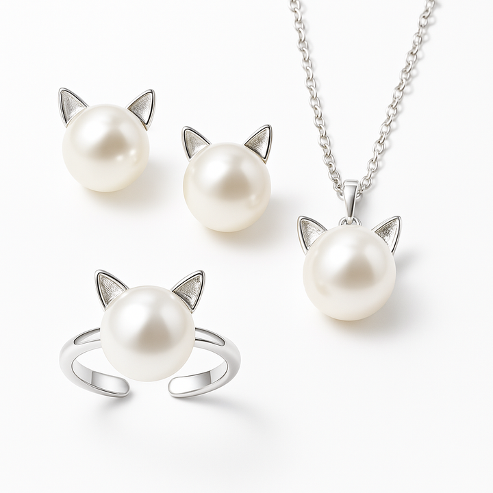 Bellissima Collana con Gatto di Perla con Orecchini e Anello Bonus