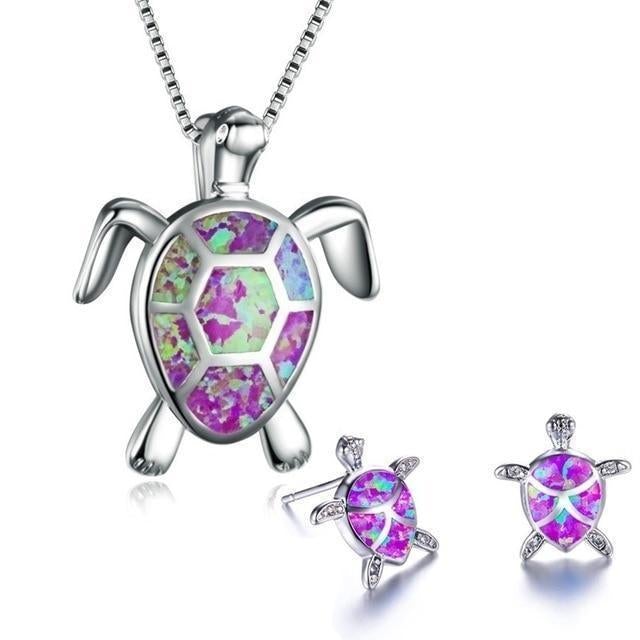 Collana e Orecchini a Tema Tartaruga Marina in Opale e color argento
