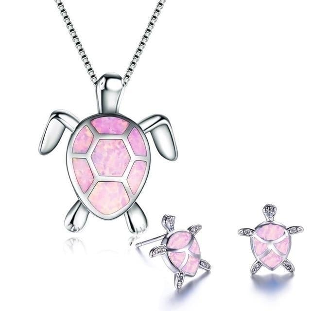 Collana e Orecchini a Tema Tartaruga Marina in Opale e color argento