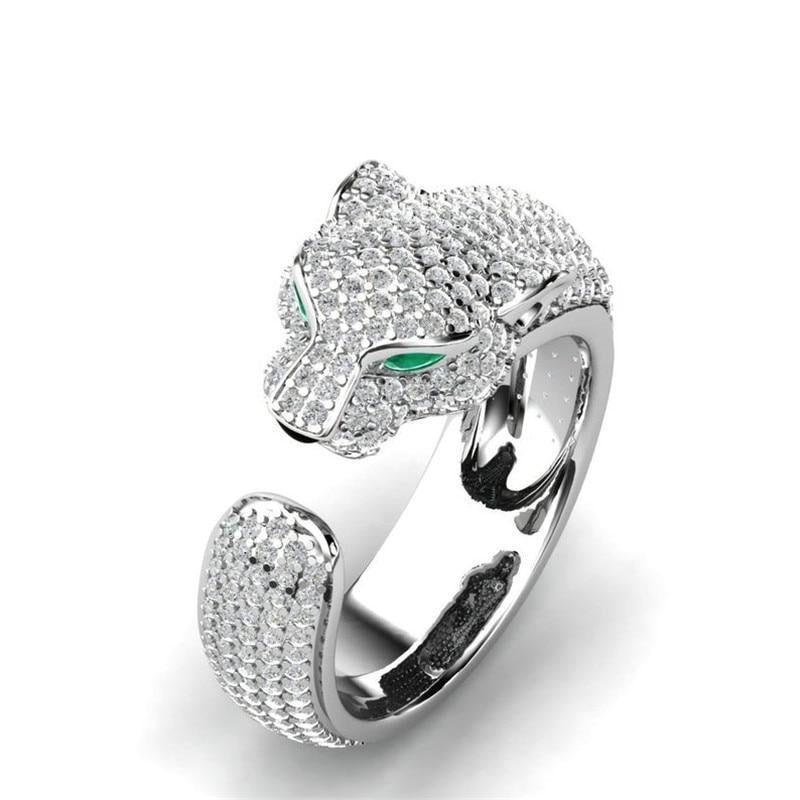 Anello Jaguar Regolabile color argento e Oro Rosa con Occhi in Zirconia Verde