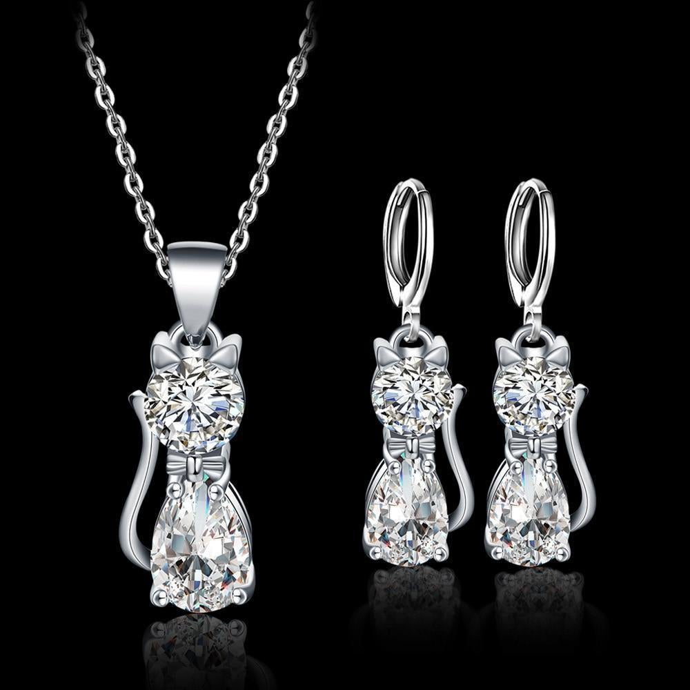 Set Collana + Orecchini Gatti Felici color argento e Zirconio Bianco Lucido
