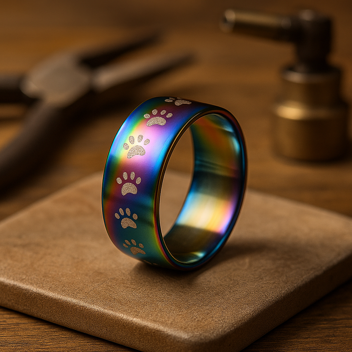 Anello in Acciaio Inossidabile con Stampa di Zampa Arcobaleno Fatta a Mano